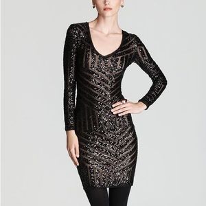 BCBGMaxAzria Morris Black Chevron Sequined Long Sleeve Party Mini Dress Size XS